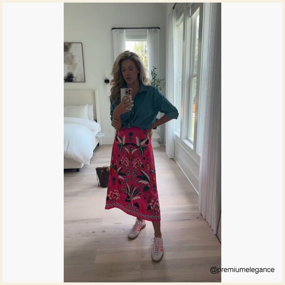 Midi Skirt High Waist Zipper A-Line Floral Print Polyester Spandex - Picture 6 of 7